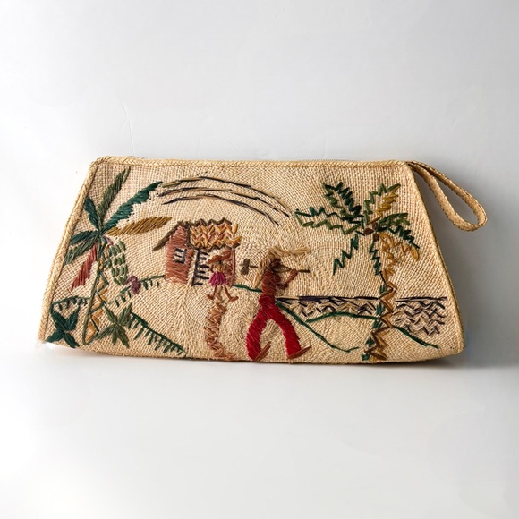 Vintage Handbags - True Vintage Woven Jamaican Embroidered Straw Clutch Handbag 50 60s Evening Bag